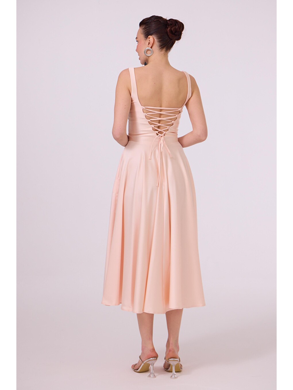 Pembe Pudra Sırt Dekolteli Midi Saten Abiye Elbise-4