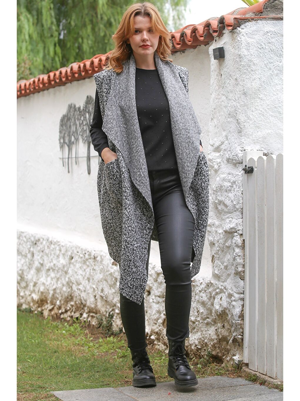 İtalyan Gri Şal Yaka Kolsuz Cepli Casual Buklet Dokuma Yelek 90 65-4