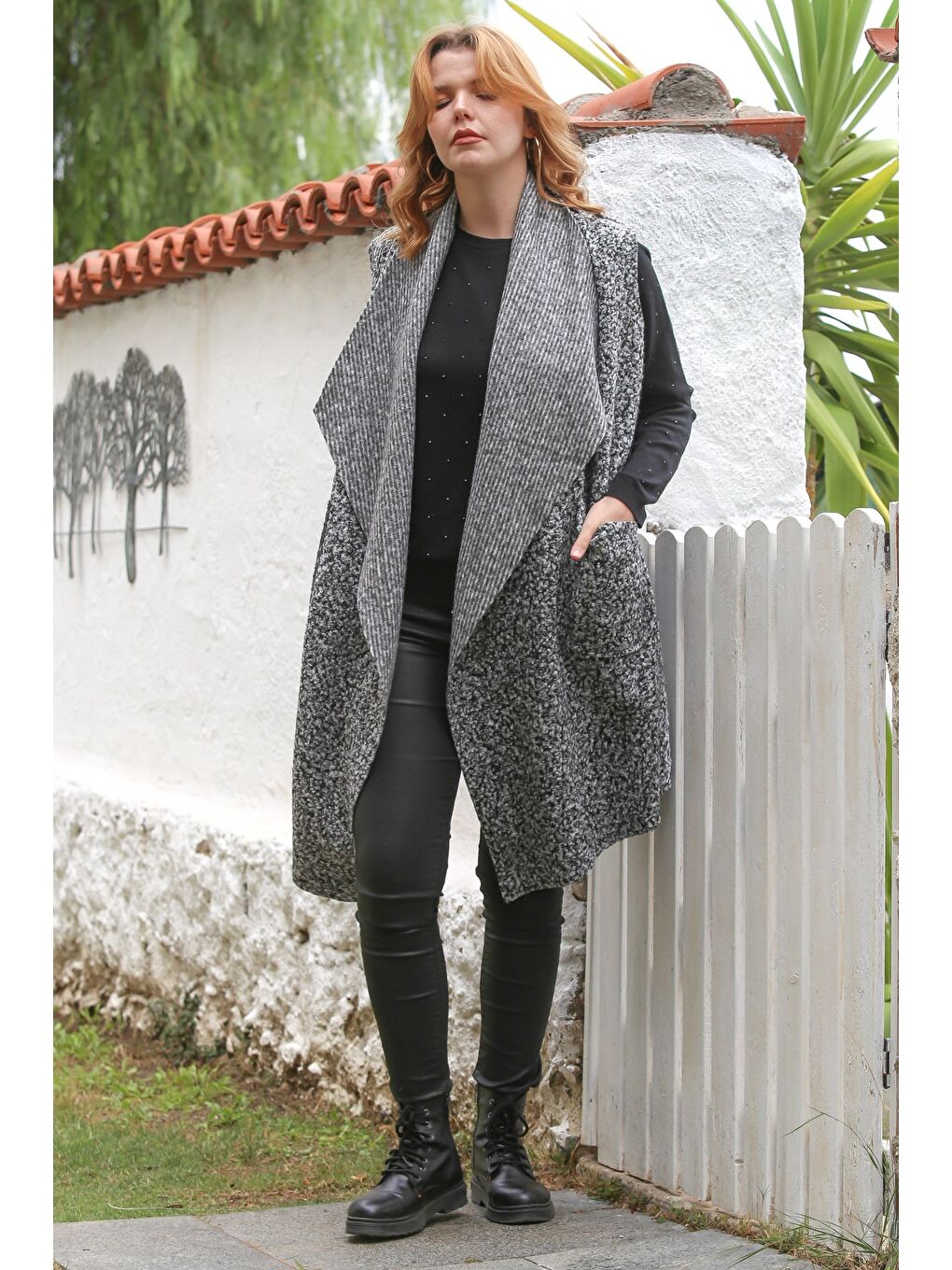 İtalyan Gri Şal Yaka Kolsuz Cepli Casual Buklet Dokuma Yelek 90 65-5