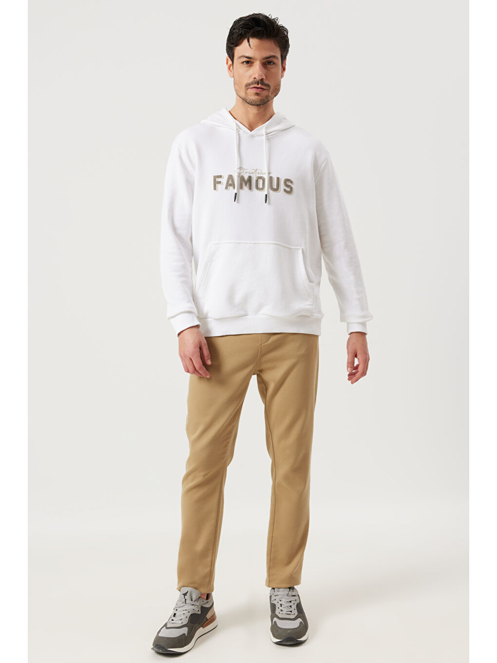 Erkek Ekru Slim Fit Dar Kesim Kapüşonlu Pamuklu Rahat Sweatshirt-1