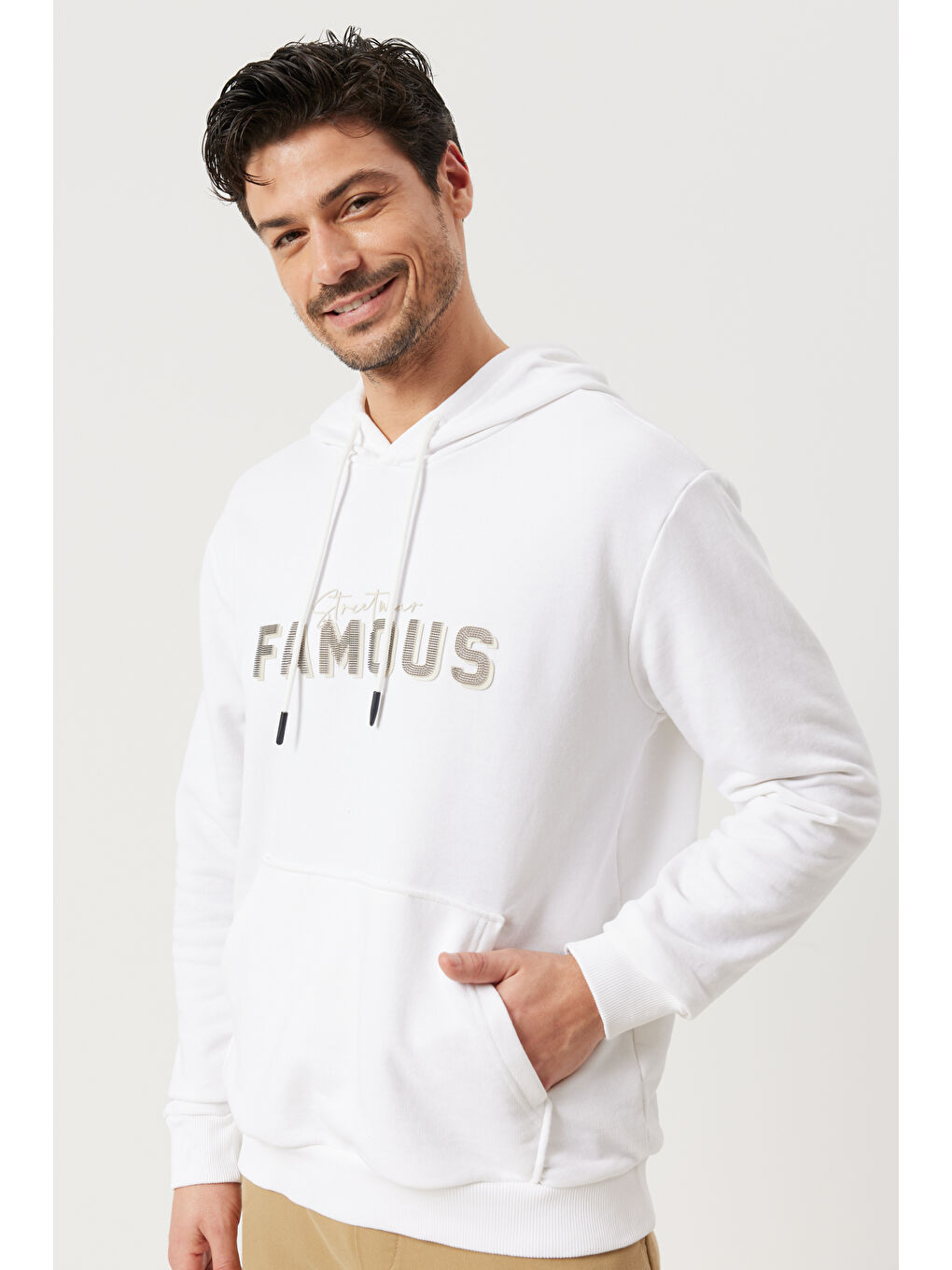 Erkek Ekru Slim Fit Dar Kesim Kapüşonlu Pamuklu Rahat Sweatshirt-2