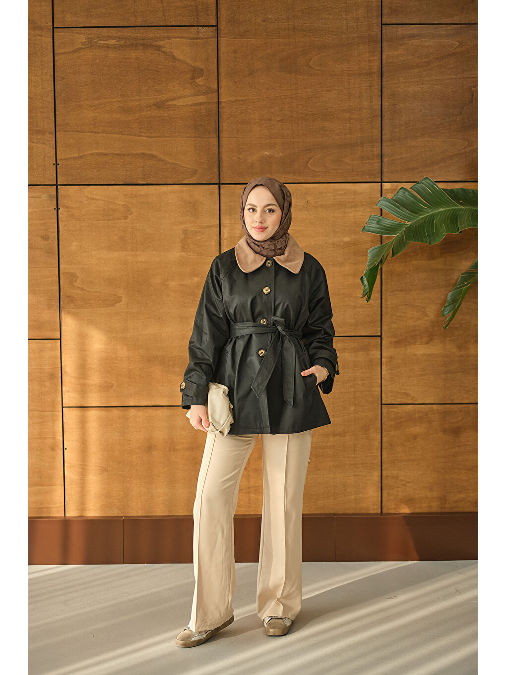 Kadın Yakası Kadife Trenç Zümrüt Yeşil-4