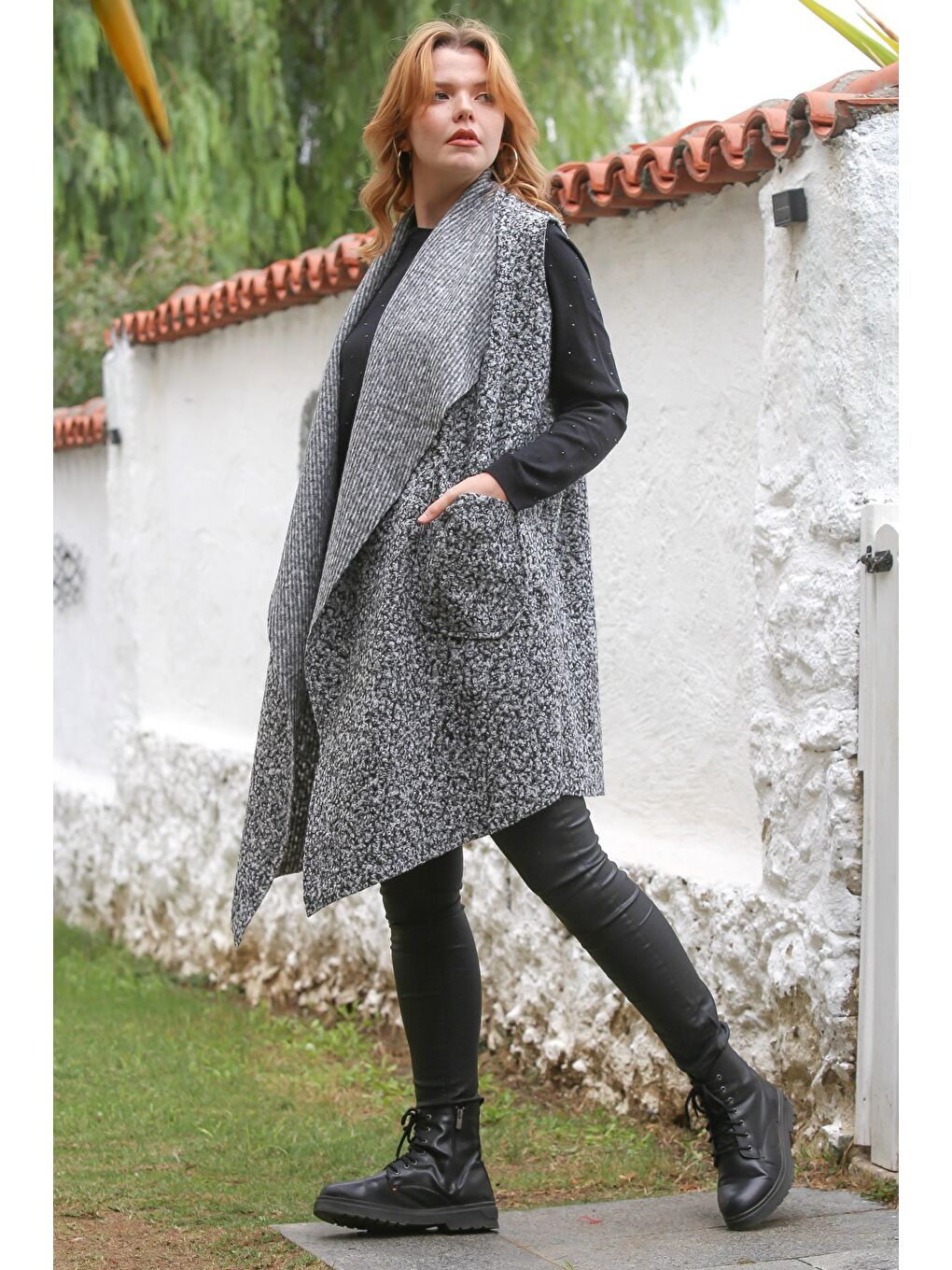 İtalyan Gri Şal Yaka Kolsuz Cepli Casual Buklet Dokuma Yelek 90 65-6