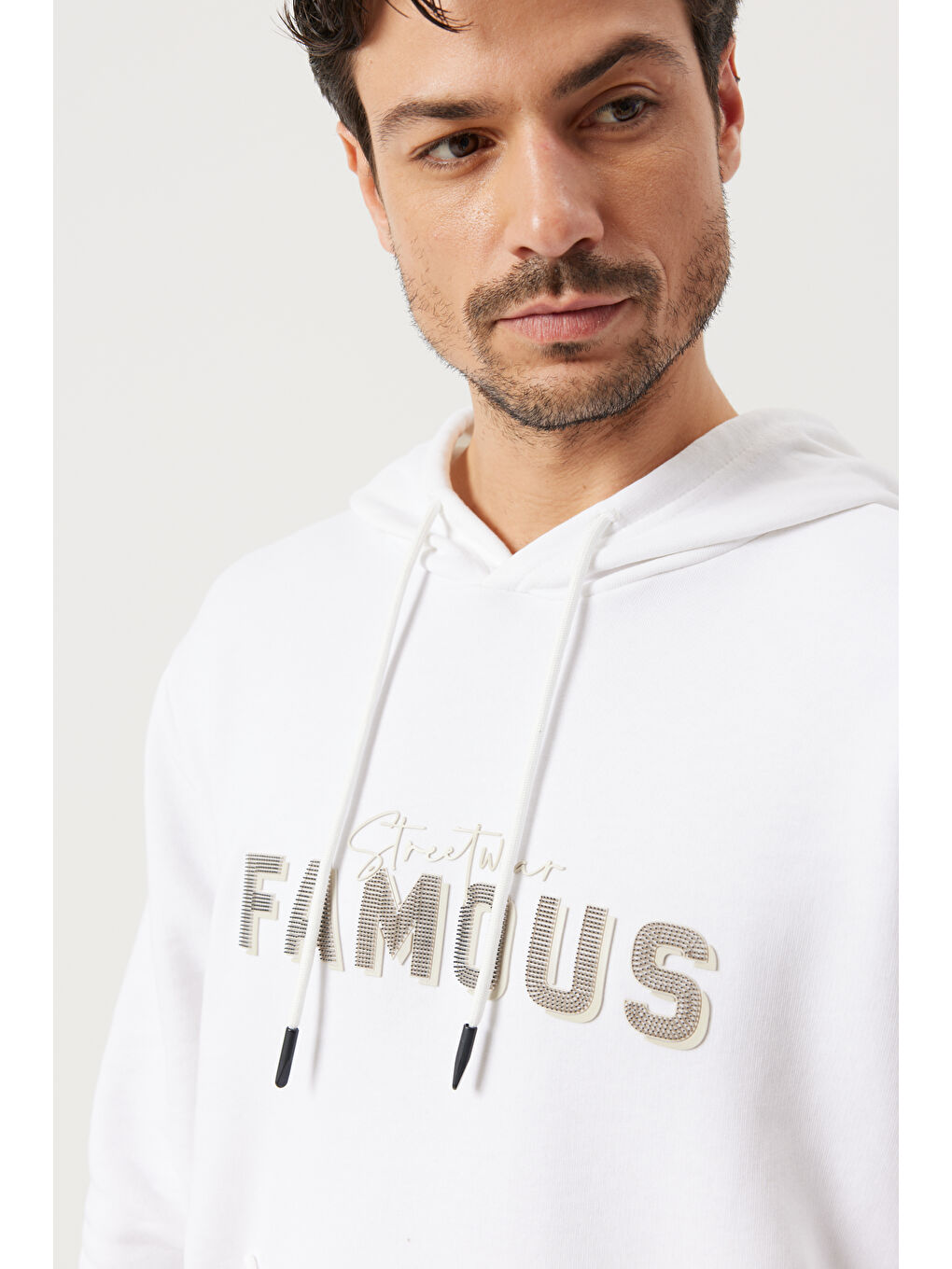 Erkek Ekru Slim Fit Dar Kesim Kapüşonlu Pamuklu Rahat Sweatshirt-3