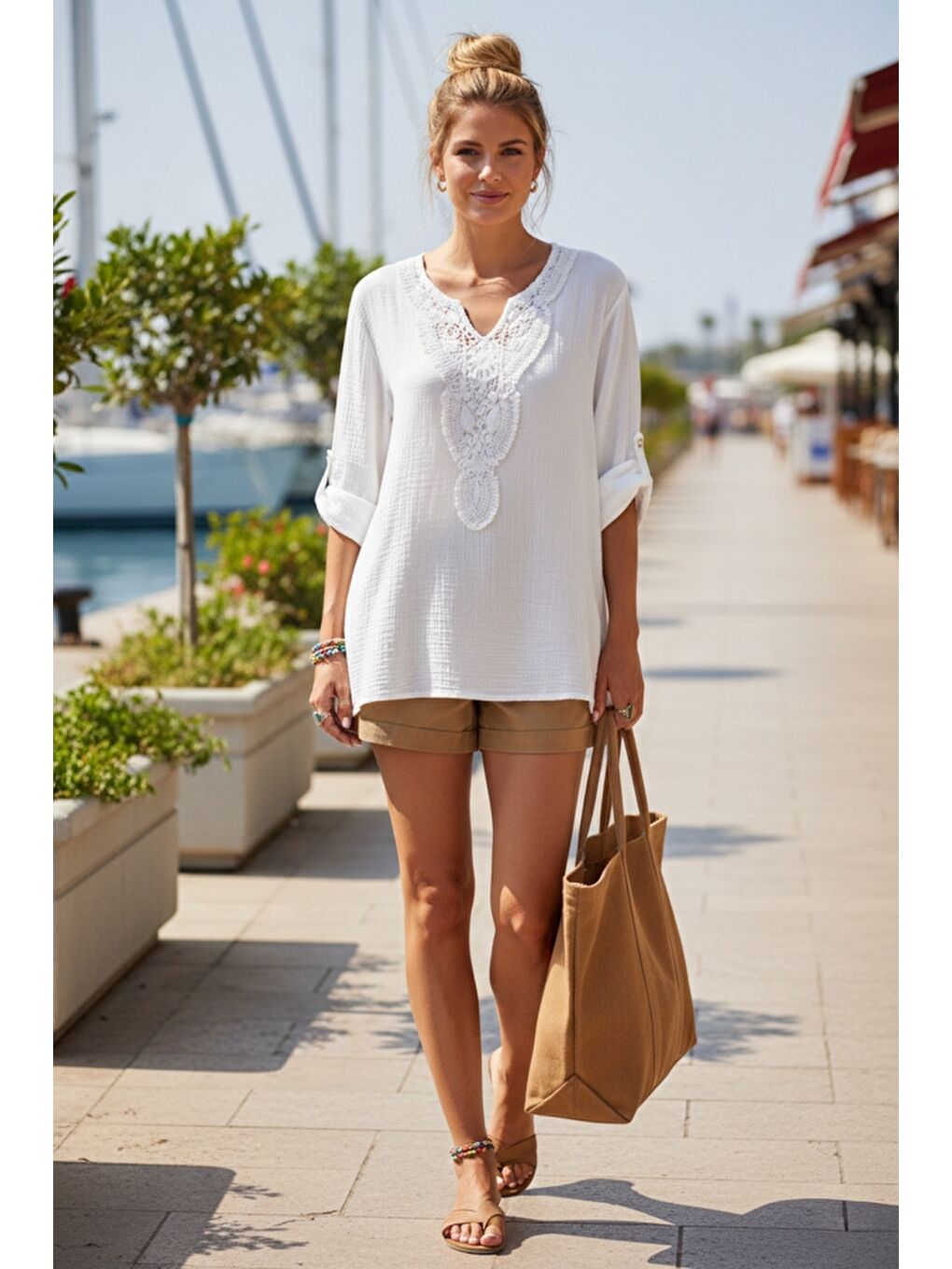 Beyaz Dantel Yaka Düğmeli 3/4 Kol Yıkamalı Casual Müslin Salaş Dokuma Bluz 74 65-4