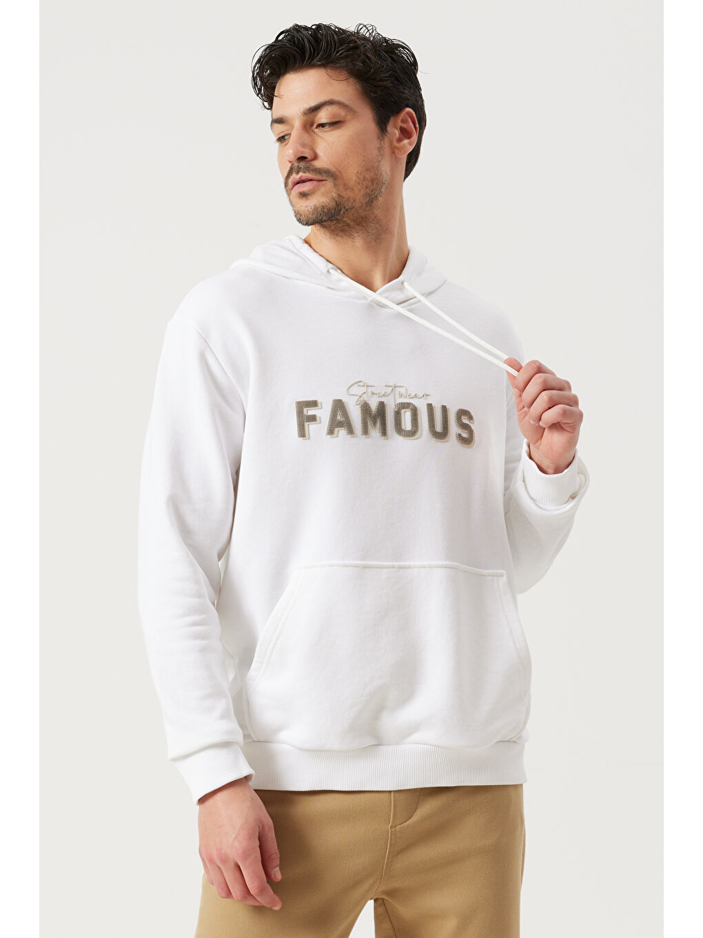 Erkek Ekru Slim Fit Dar Kesim Kapüşonlu Pamuklu Rahat Sweatshirt-4