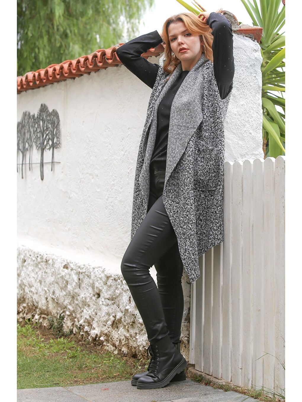 İtalyan Gri Şal Yaka Kolsuz Cepli Casual Buklet Dokuma Yelek 90 65-7