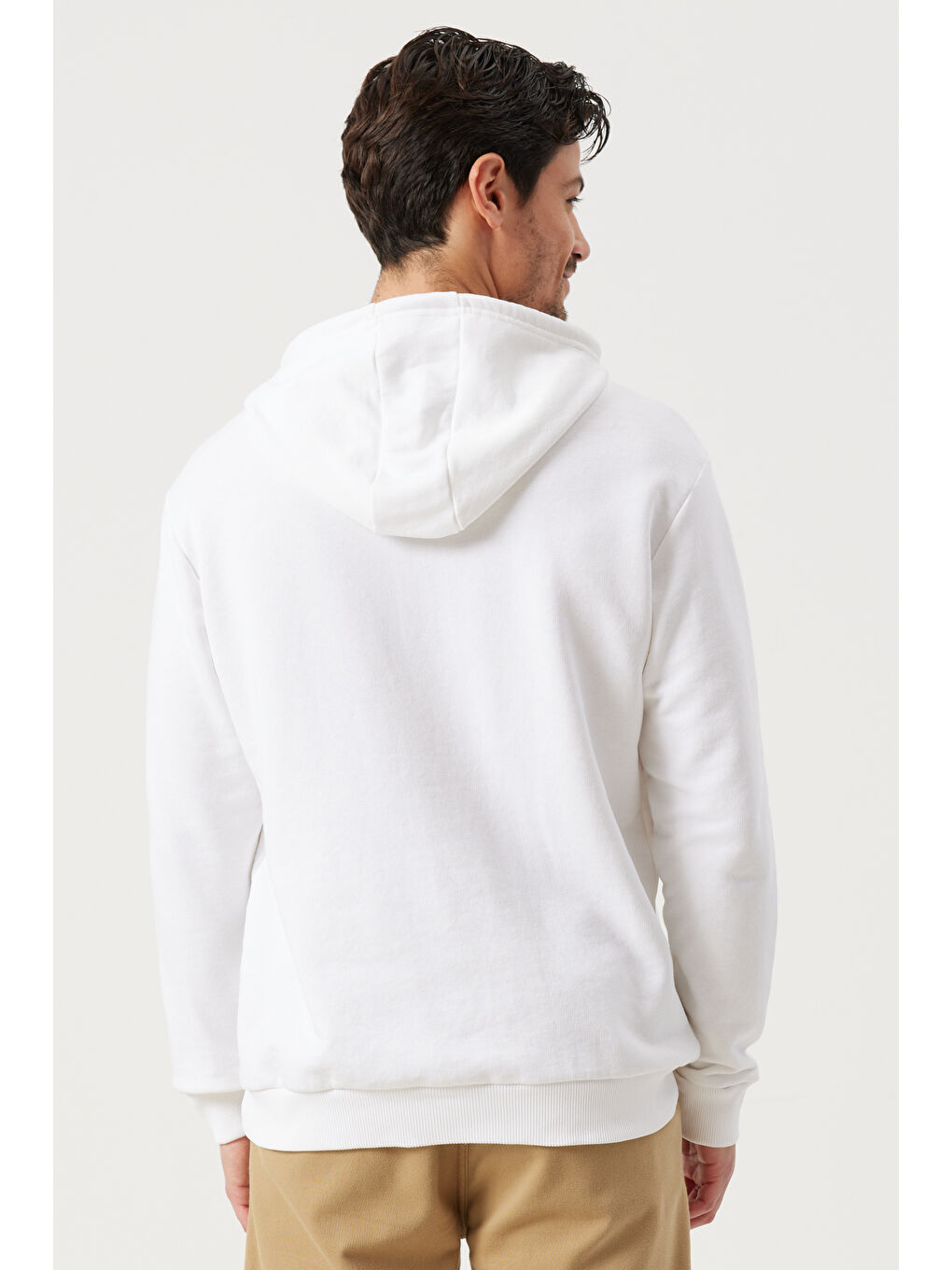 Erkek Ekru Slim Fit Dar Kesim Kapüşonlu Pamuklu Rahat Sweatshirt-5