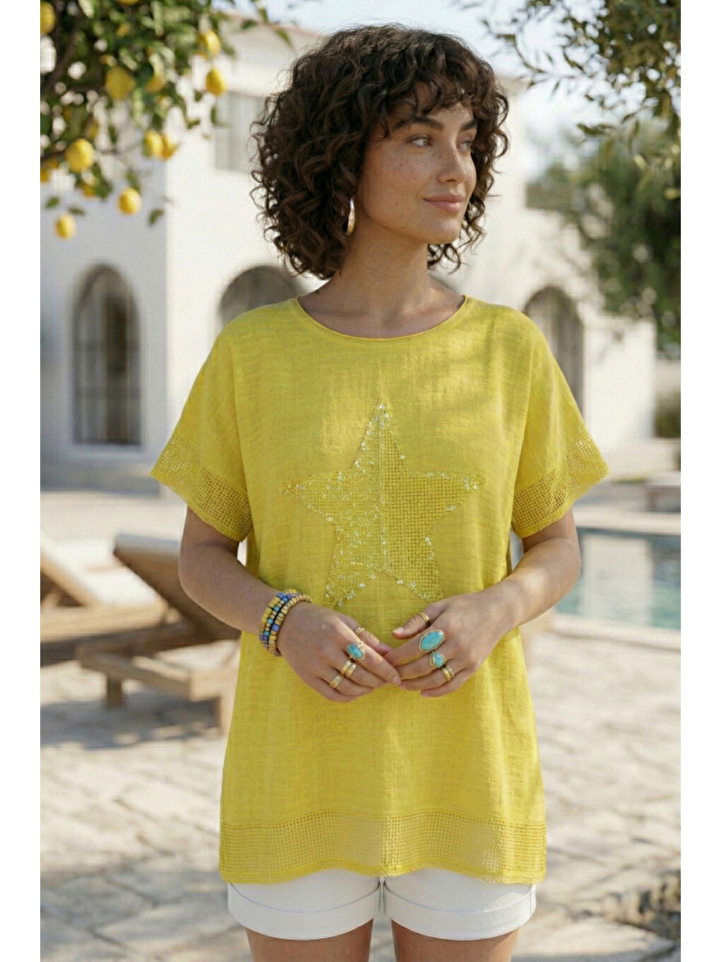 Sarı Yuvarlak Yaka Düşük Kol Etek Ve Kol Ucu File Detaylı Yıldız Aplikeli Casual Dokuma Bluz 65 60-2