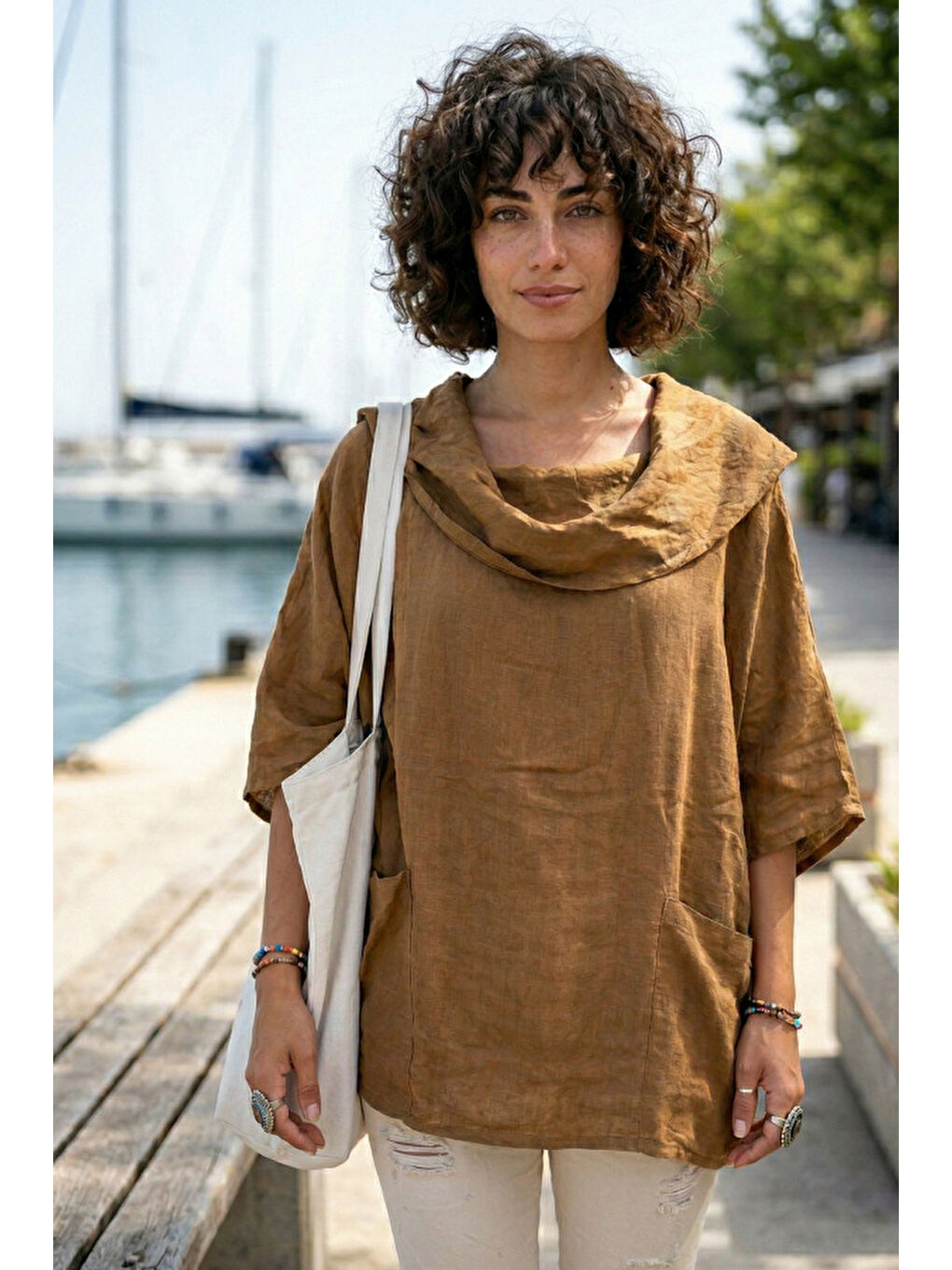 Kahverengi Camel Şal Yaka Kısa Kol Çift Cepli Casual Keten Görünümlü Geniş Kesim Dokuma Bluz 65 83-1