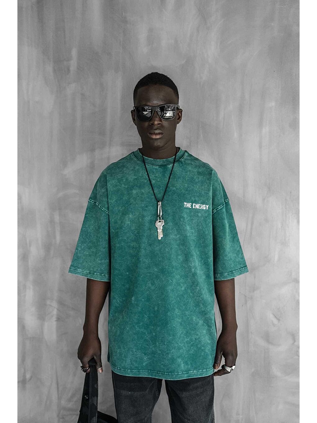 Erkek Eskitme Efektli Yıkamalı Baskılı Oversize Tişört Yeşil