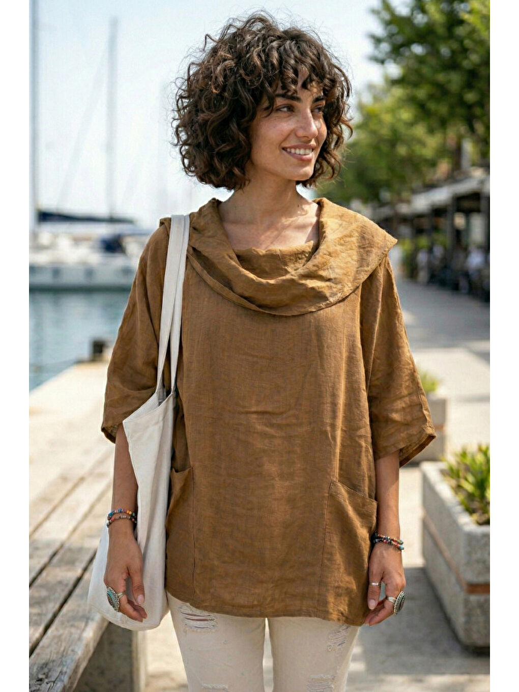 Kahverengi Camel Şal Yaka Kısa Kol Çift Cepli Casual Keten Görünümlü Geniş Kesim Dokuma Bluz 65 83-2