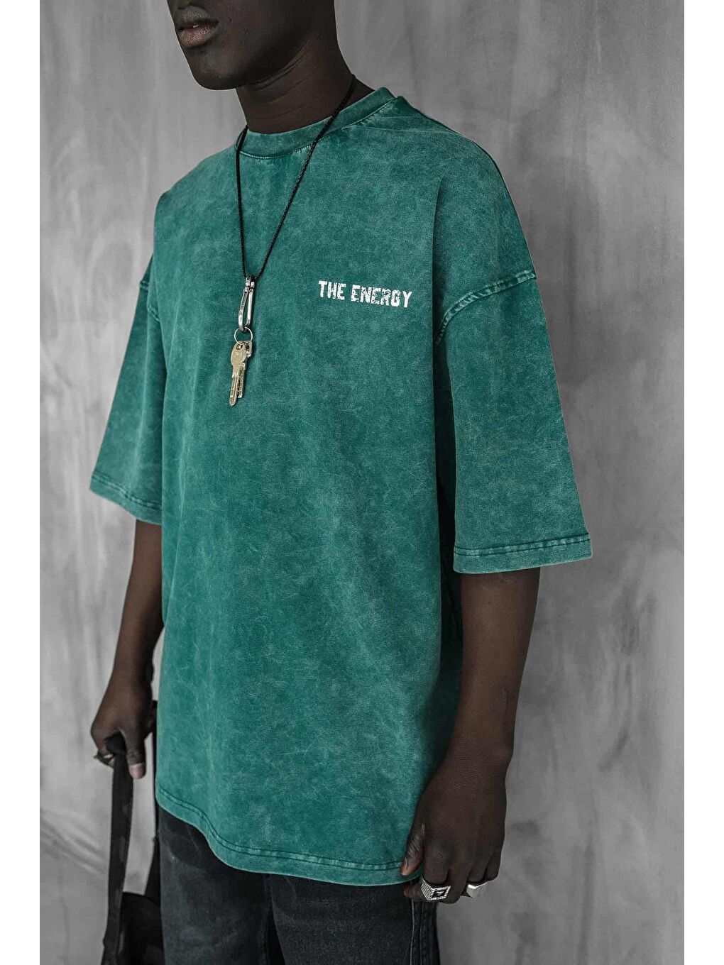 Erkek Eskitme Efektli Yıkamalı Baskılı Oversize Tişört Yeşil-1