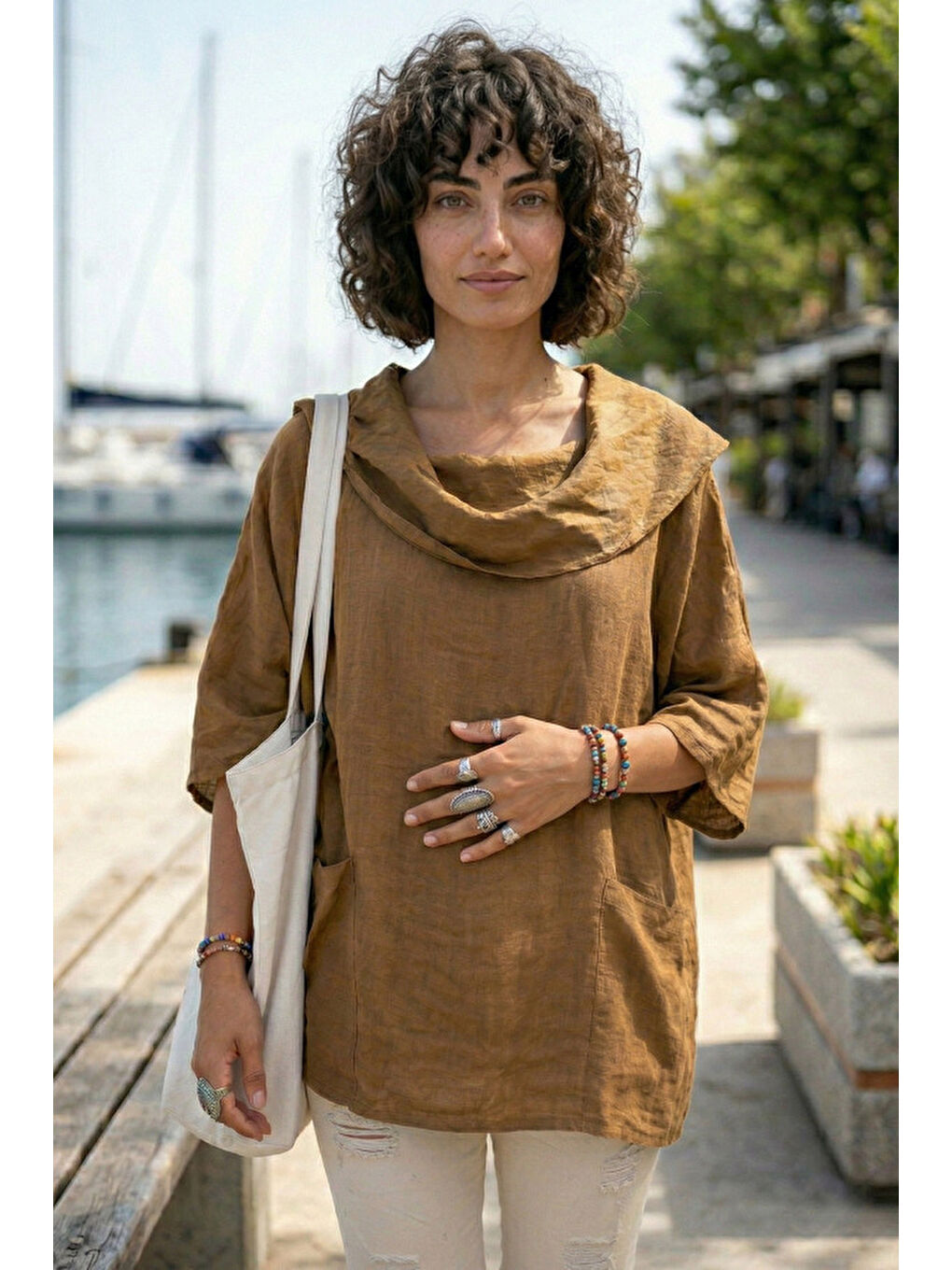 Kahverengi Camel Şal Yaka Kısa Kol Çift Cepli Casual Keten Görünümlü Geniş Kesim Dokuma Bluz 65 83-3