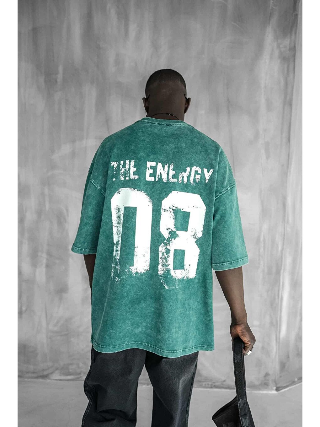 Erkek Eskitme Efektli Yıkamalı Baskılı Oversize Tişört Yeşil-2