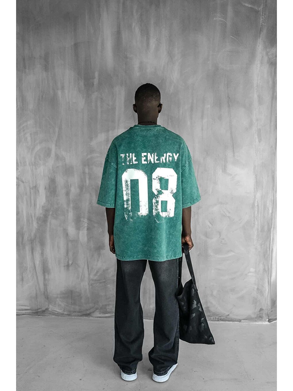 Erkek Eskitme Efektli Yıkamalı Baskılı Oversize Tişört Yeşil-3