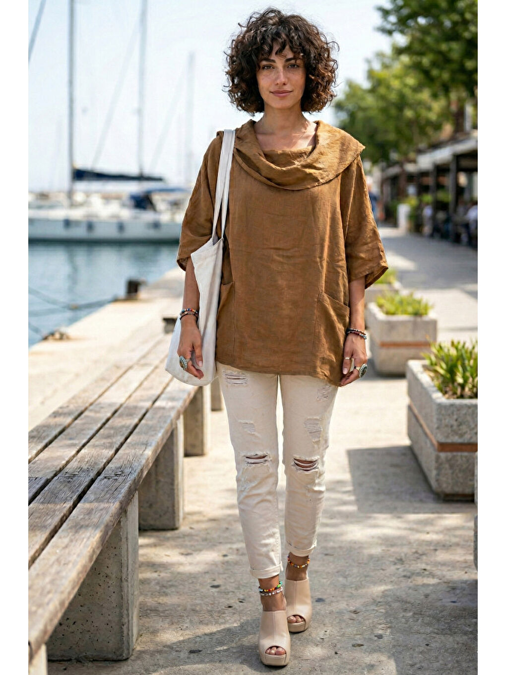 Kahverengi Camel Şal Yaka Kısa Kol Çift Cepli Casual Keten Görünümlü Geniş Kesim Dokuma Bluz 65 83-4