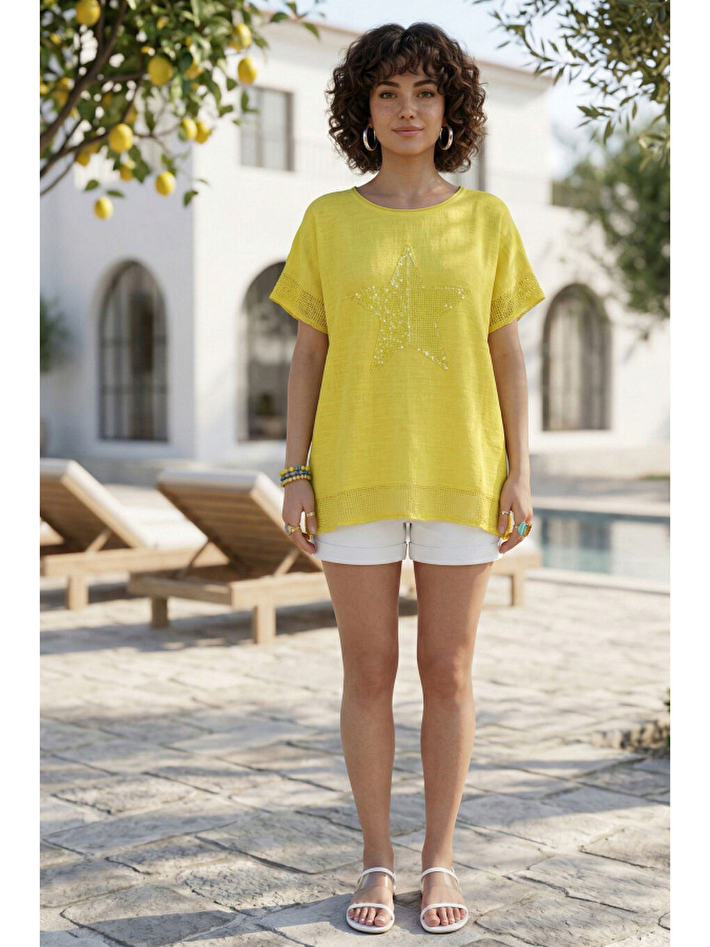 Sarı Yuvarlak Yaka Düşük Kol Etek Ve Kol Ucu File Detaylı Yıldız Aplikeli Casual Dokuma Bluz 65 60-3