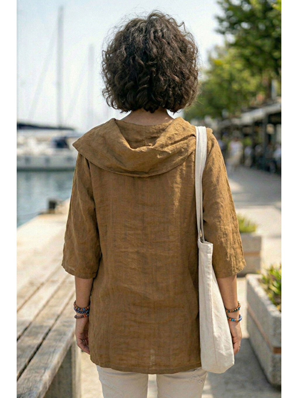 Kahverengi Camel Şal Yaka Kısa Kol Çift Cepli Casual Keten Görünümlü Geniş Kesim Dokuma Bluz 65 83-5