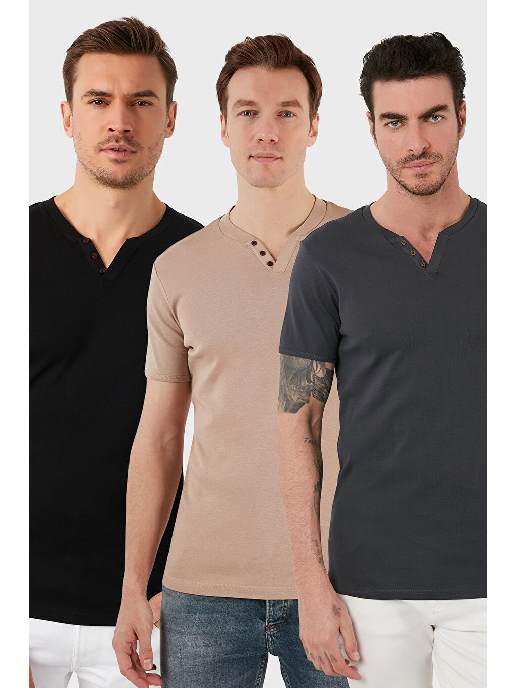 Siyah Pamuklu Düğme Detaylı Slim Fit V Yaka 3'lü Paket %100 Pamuk Tişört 5902122S3