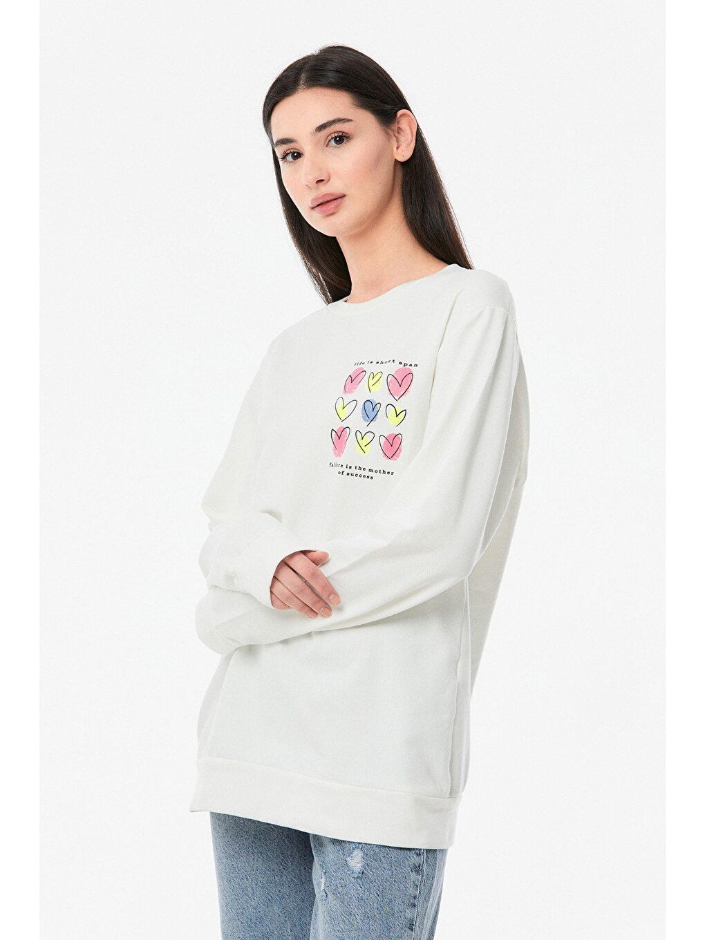 Ekru Kalp Baskılı Bisiklet Yaka Kız Çocuk Sweatshirt-1