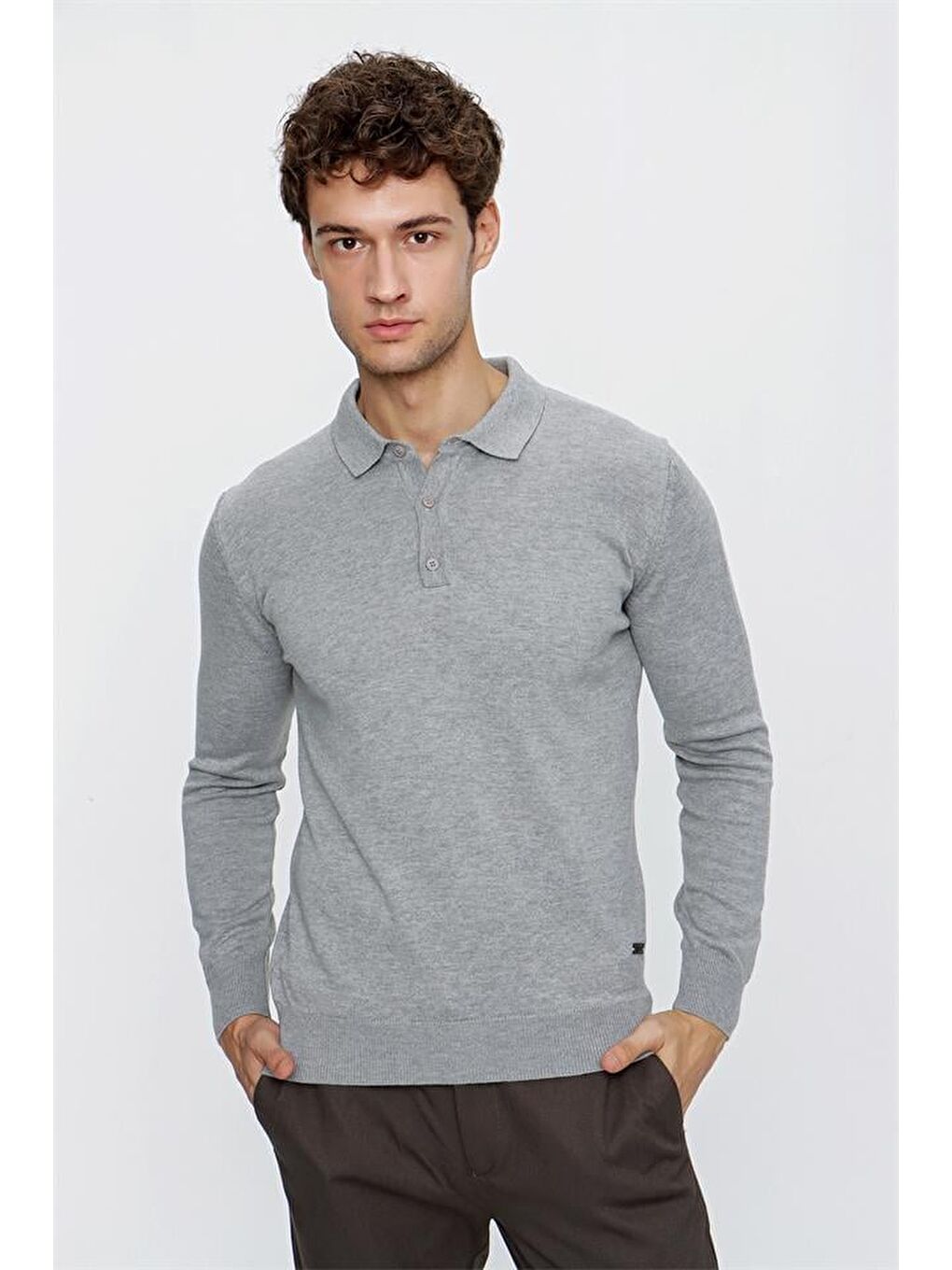 Gri Uzun Kol Örme Polo Yaka Comfort Fit Rahat Kesim Klasik Triko 1012225007