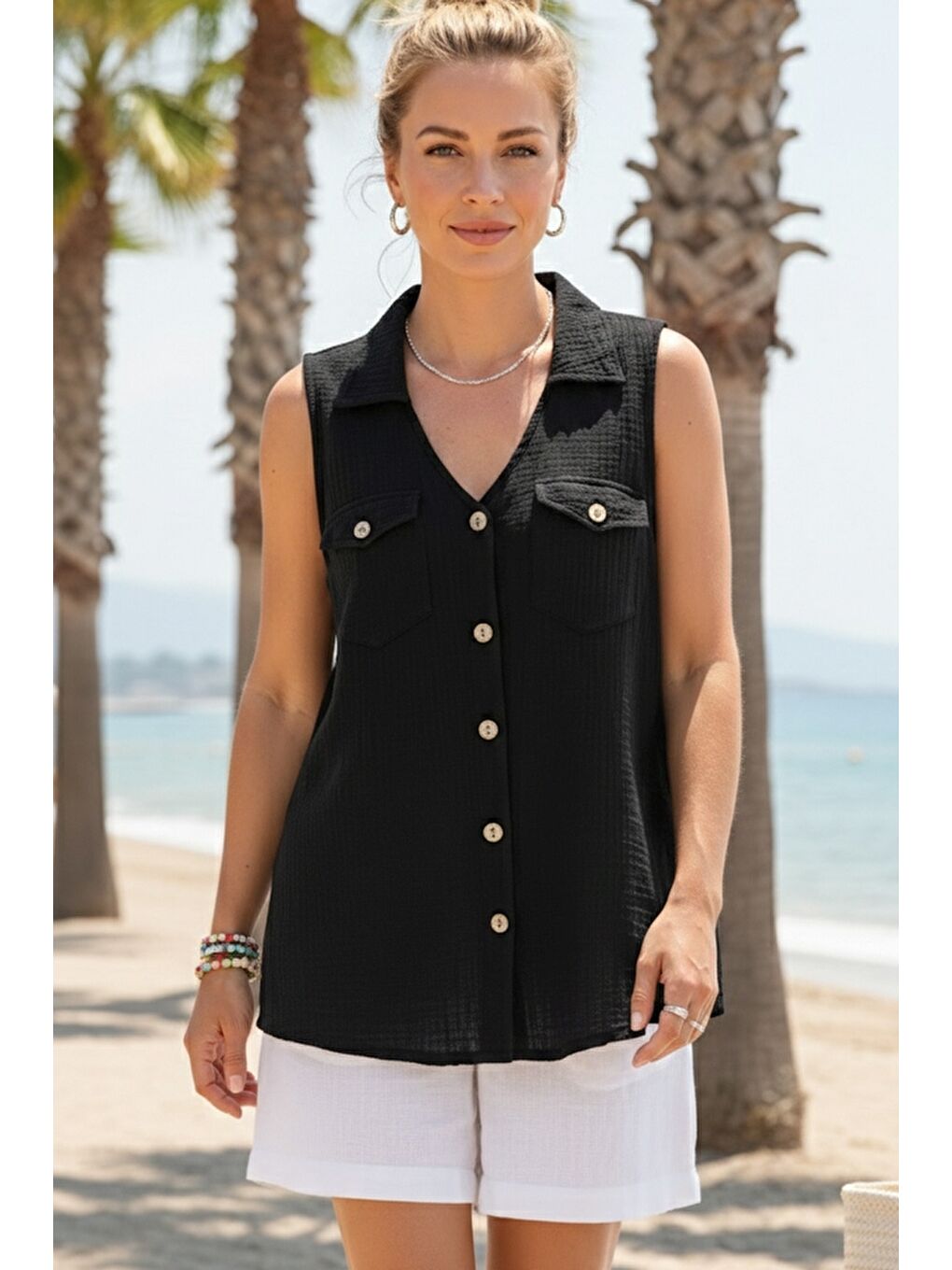 Siyah Gömlek Yaka Kolsuz Düğmeli Çift Kapaklı Cepli Yıkamalı Casual Müslin Dokuma Gömlek 62 55