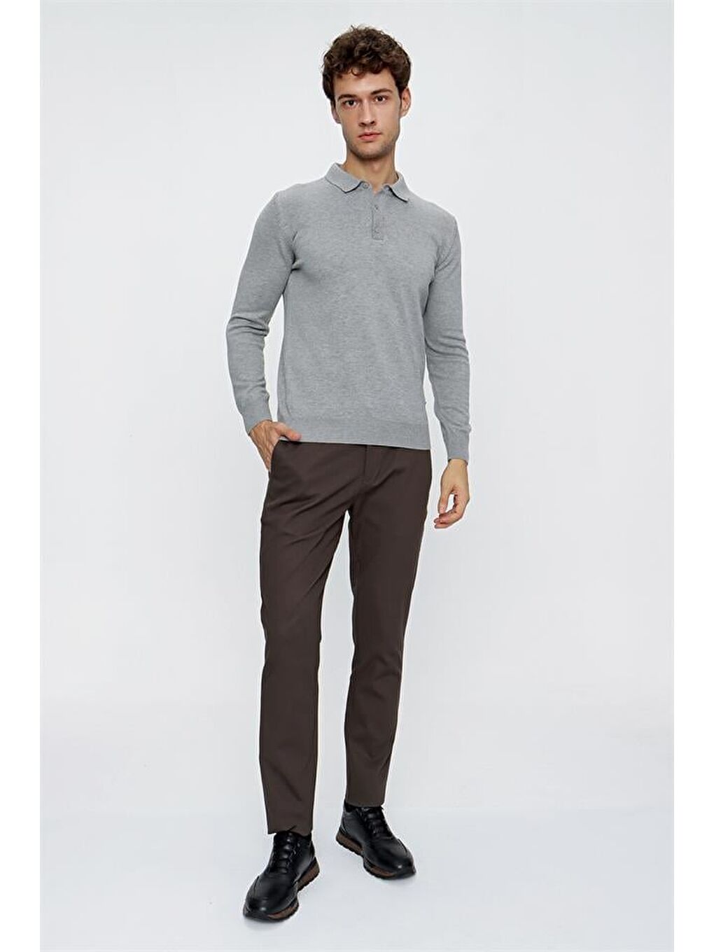 Gri Uzun Kol Örme Polo Yaka Comfort Fit Rahat Kesim Klasik Triko 1012225007-1