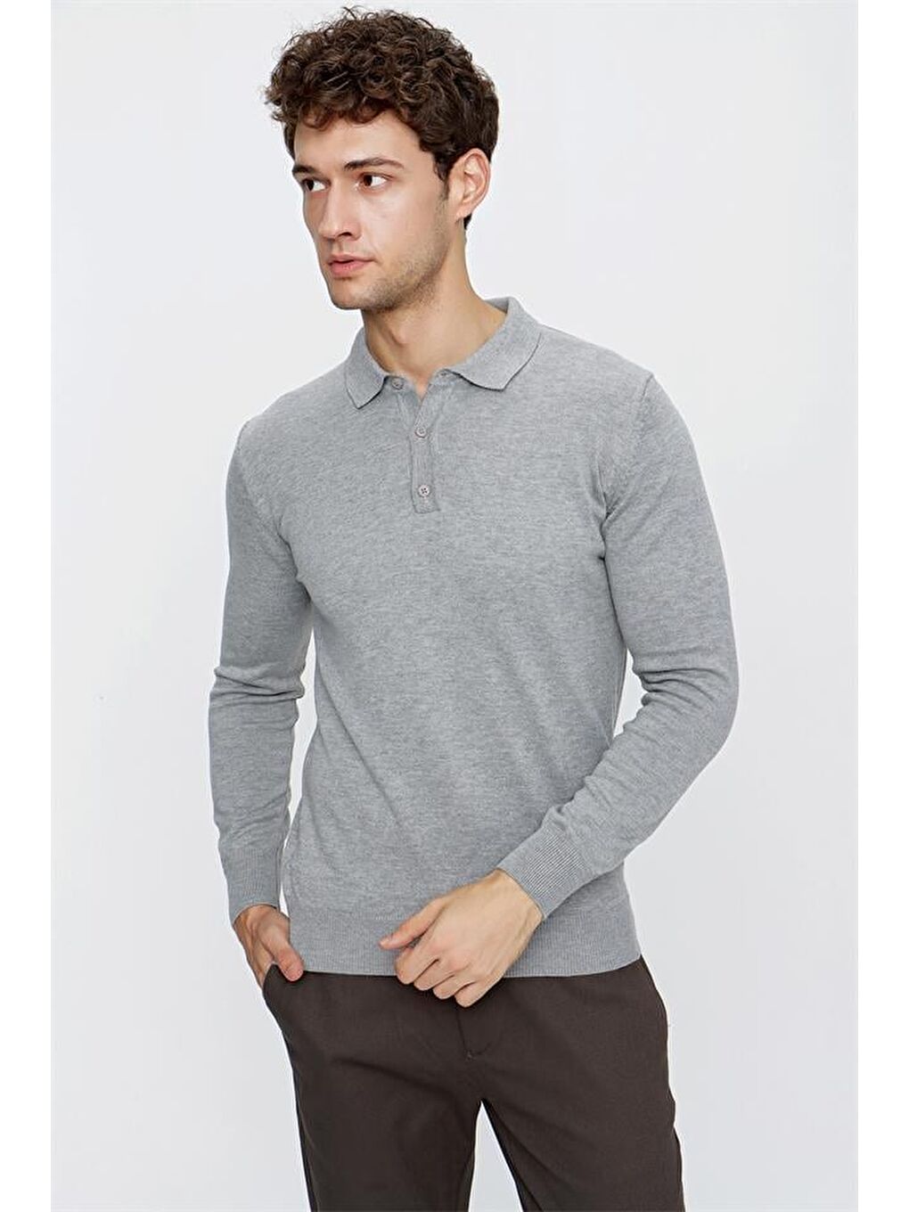 Gri Uzun Kol Örme Polo Yaka Comfort Fit Rahat Kesim Klasik Triko 1012225007-2