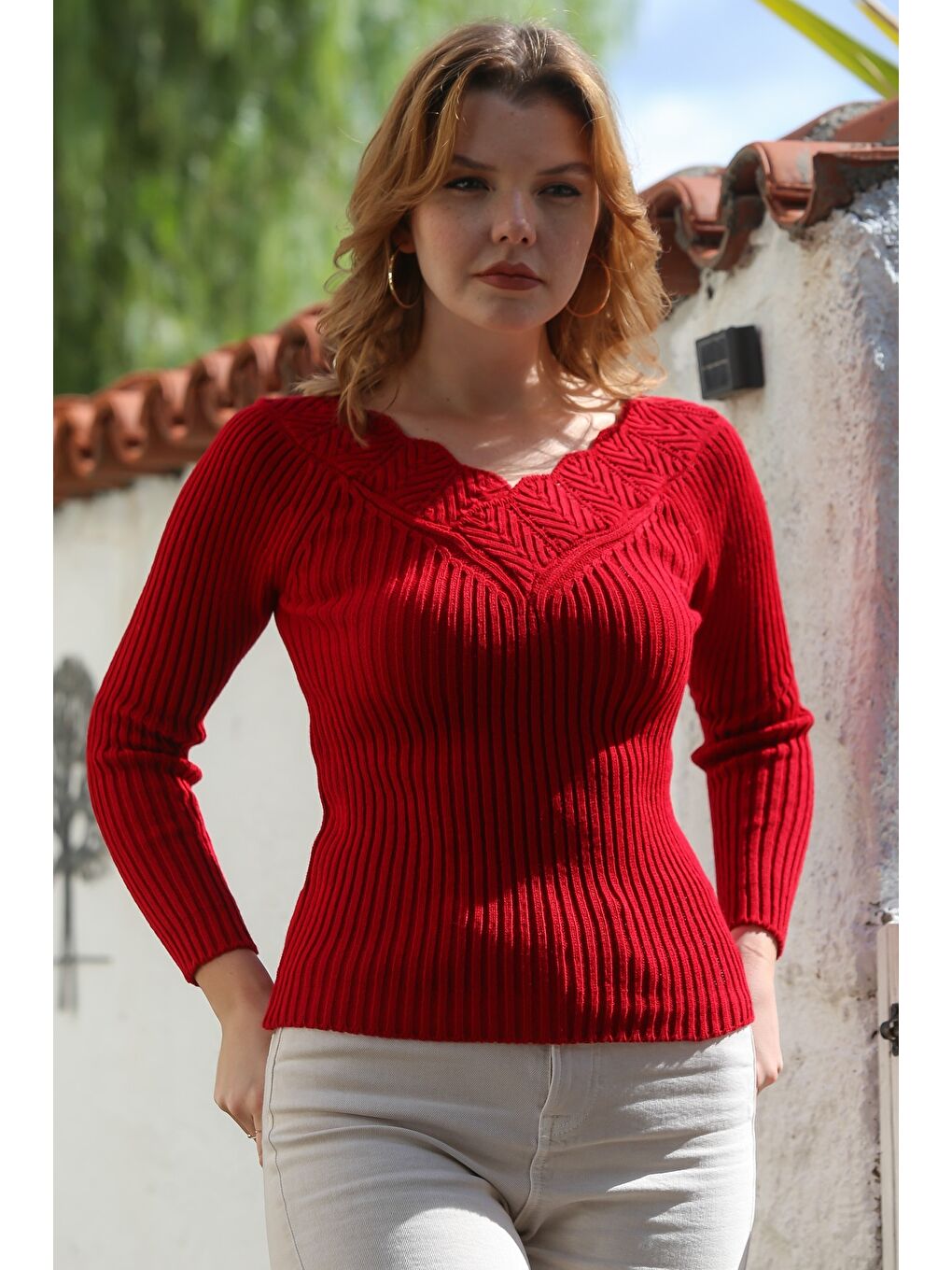 Kırmızı V Yaka Uzun Kol Ajur Örgü Triko Kazak 60 50-6