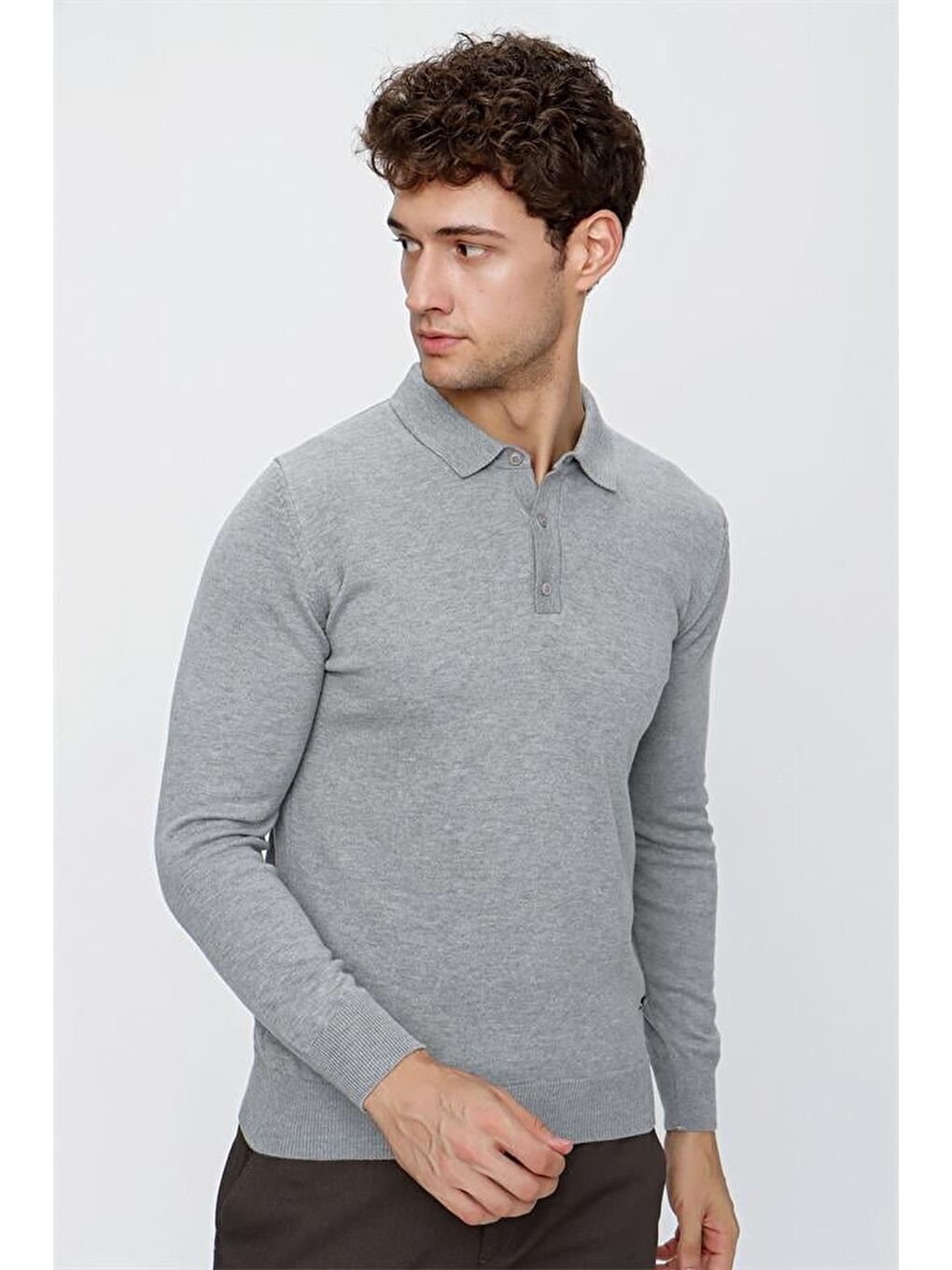 Gri Uzun Kol Örme Polo Yaka Comfort Fit Rahat Kesim Klasik Triko 1012225007-3