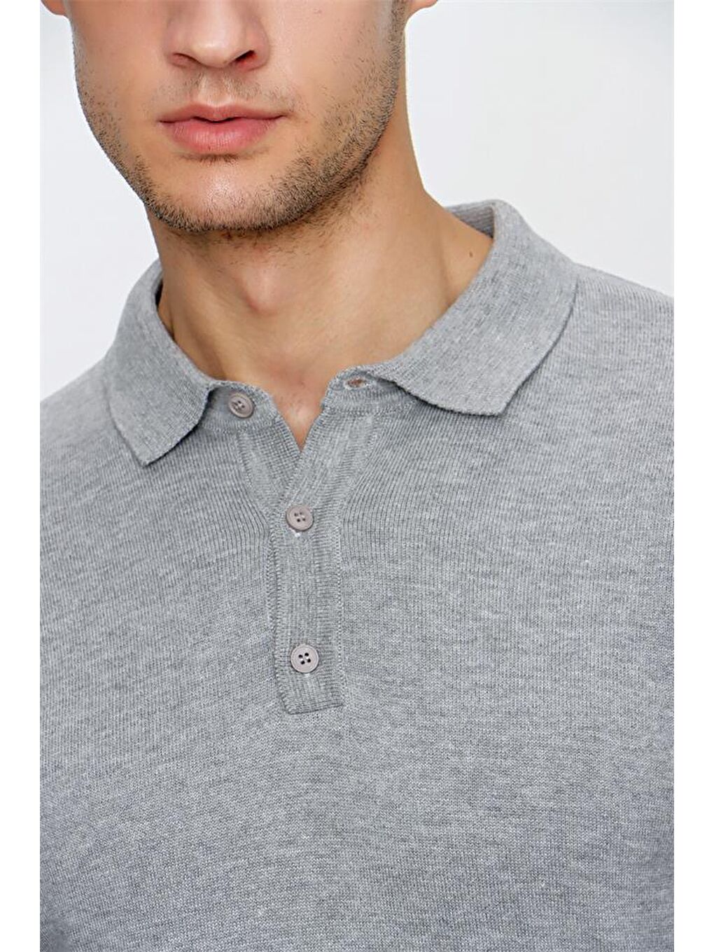 Gri Uzun Kol Örme Polo Yaka Comfort Fit Rahat Kesim Klasik Triko 1012225007-4