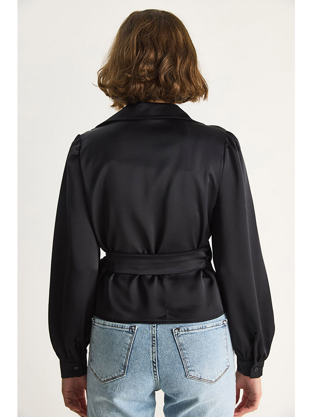 Siyah Kadın Yandan Baglamalı Saten Bluz-6