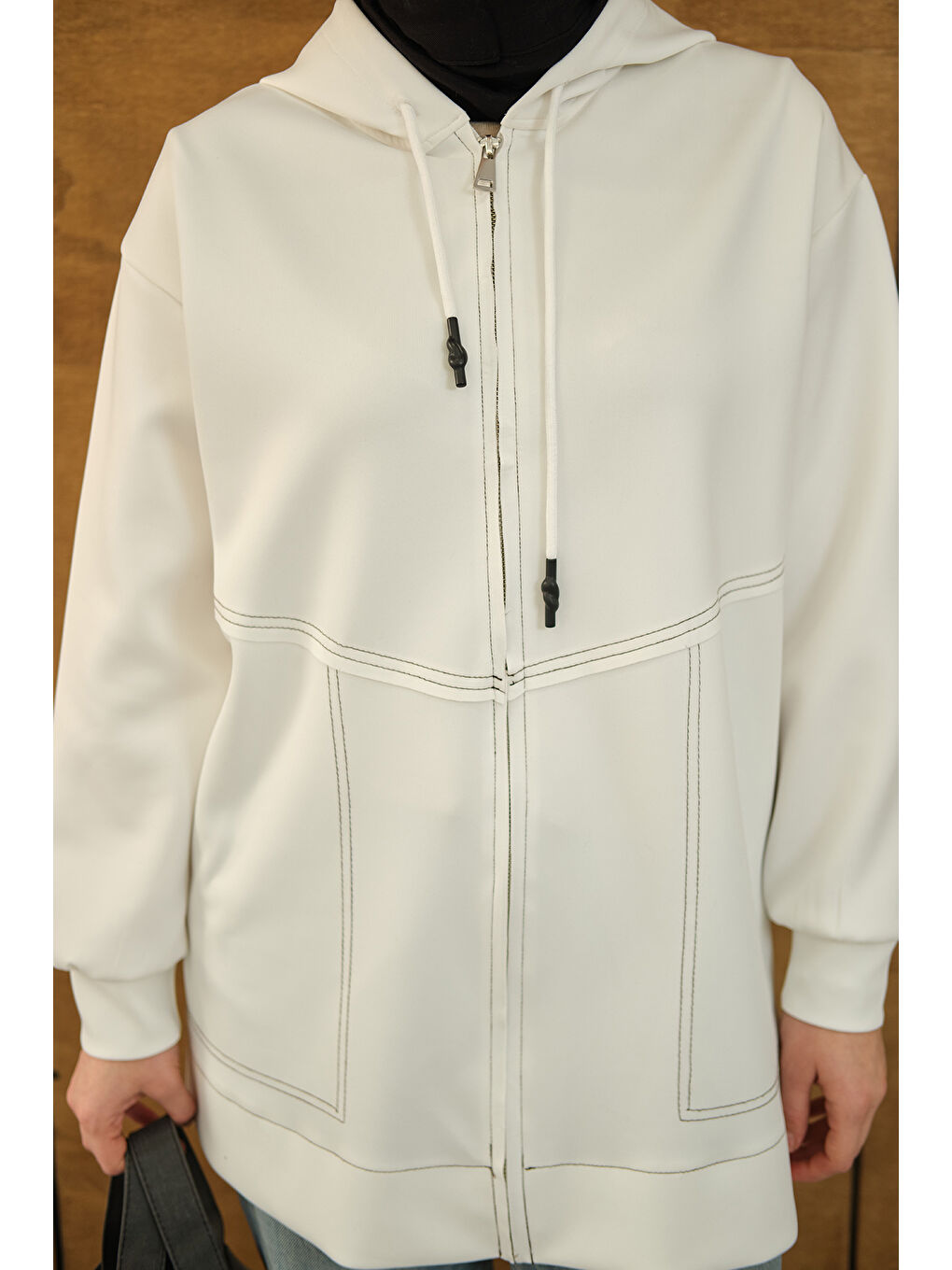 Kadın Dikiş Detay Kapüşonlu Hırka Beyaz-4