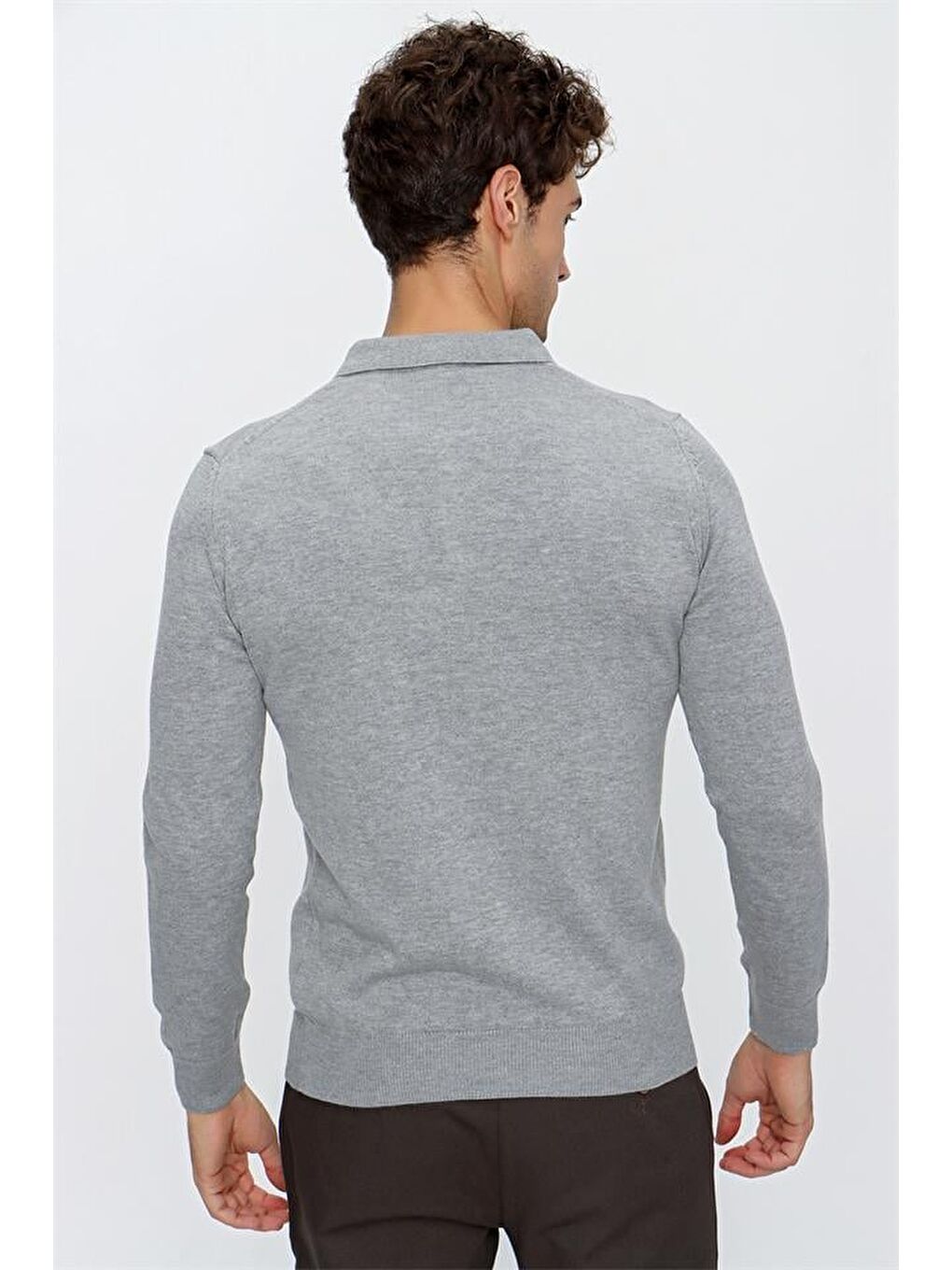 Gri Uzun Kol Örme Polo Yaka Comfort Fit Rahat Kesim Klasik Triko 1012225007-5