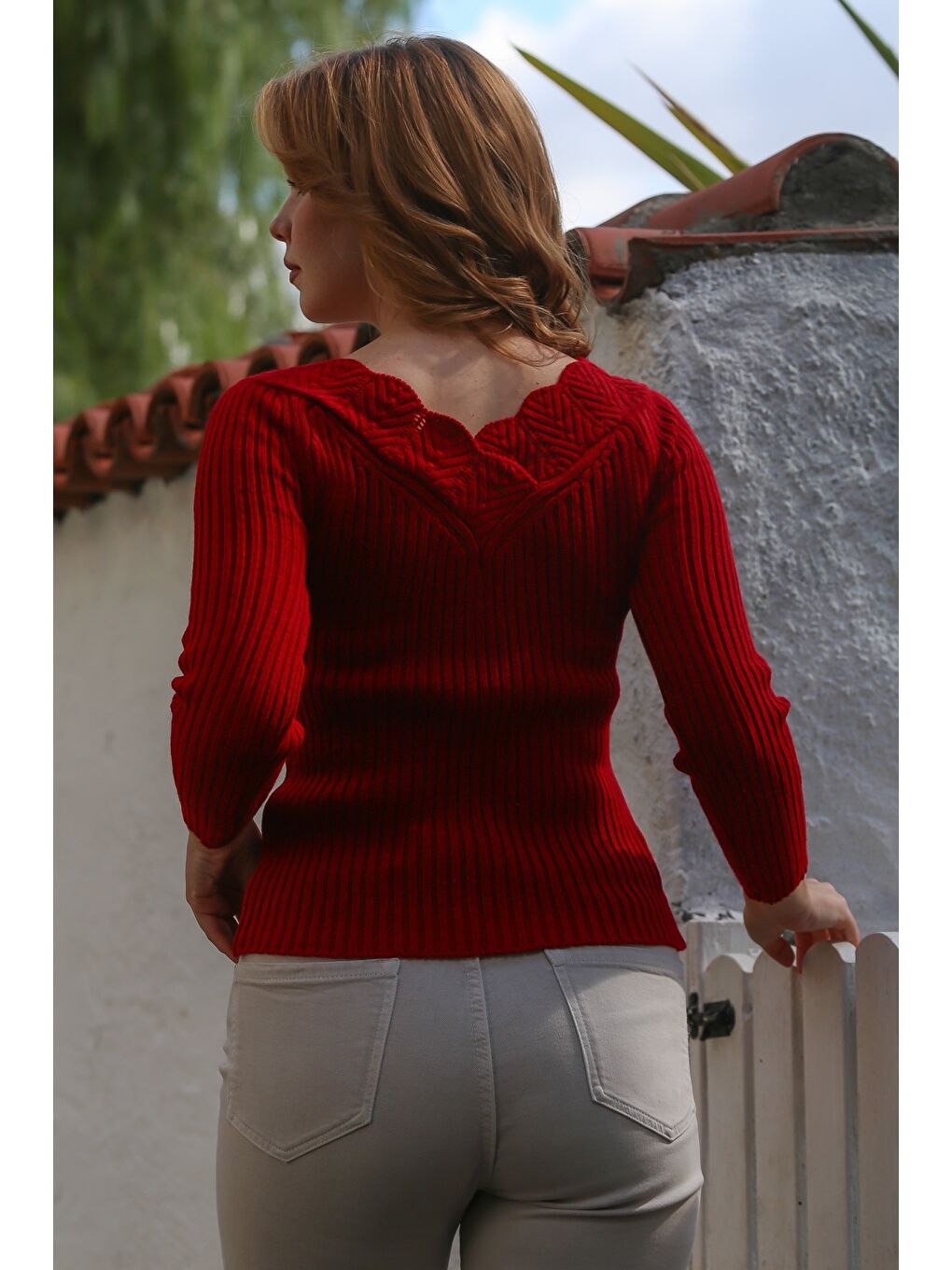 Kırmızı V Yaka Uzun Kol Ajur Örgü Triko Kazak 60 50-7