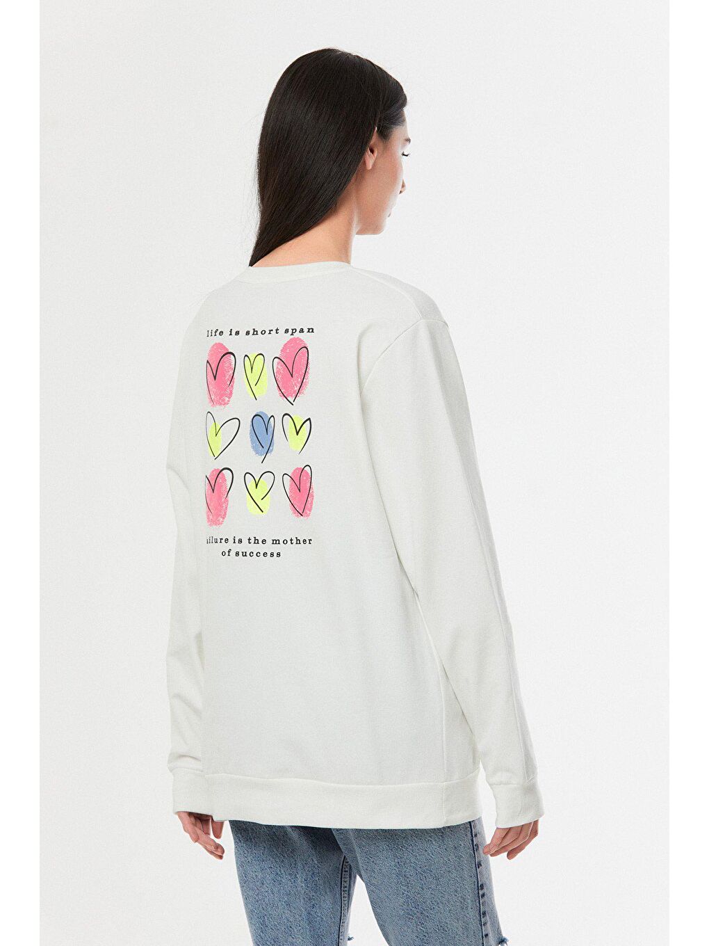 Ekru Kalp Baskılı Bisiklet Yaka Kız Çocuk Sweatshirt-2