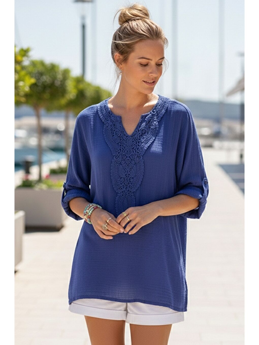 Saks Mavisi Dantel Yaka Düğmeli 3/4 Kol Yıkamalı Casual Müslin Salaş Dokuma Bluz 74 65-2