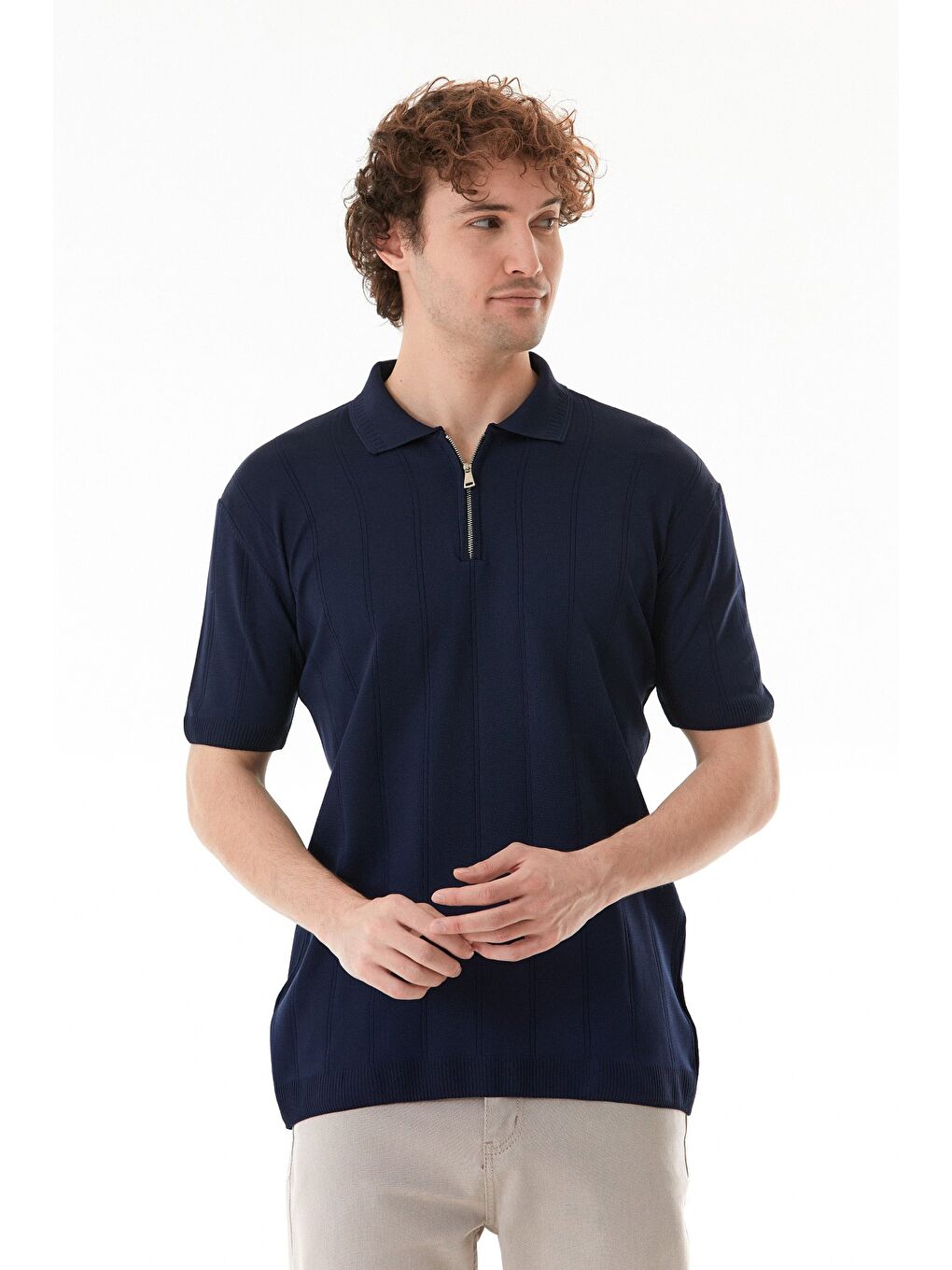 Lacivert Şeritli Polo Yaka Yarım Fermuarlı Triko Tişört-2