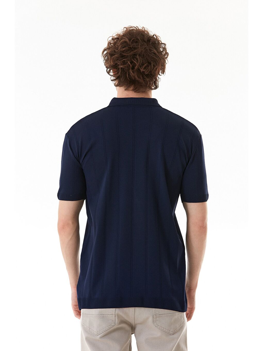 Lacivert Şeritli Polo Yaka Yarım Fermuarlı Triko Tişört-3