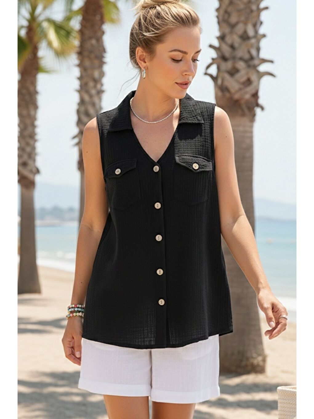 Siyah Gömlek Yaka Kolsuz Düğmeli Çift Kapaklı Cepli Yıkamalı Casual Müslin Dokuma Gömlek 62 55-1