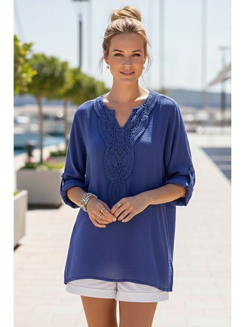 Saks Mavisi Dantel Yaka Düğmeli 3/4 Kol Yıkamalı Casual Müslin Salaş Dokuma Bluz 74 65-3