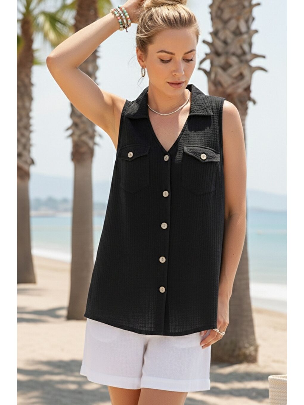 Siyah Gömlek Yaka Kolsuz Düğmeli Çift Kapaklı Cepli Yıkamalı Casual Müslin Dokuma Gömlek 62 55-2