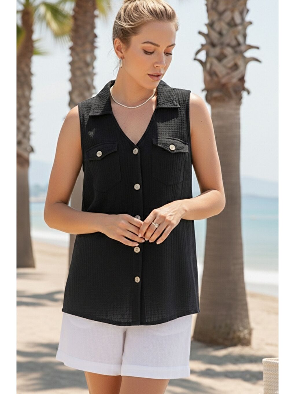 Siyah Gömlek Yaka Kolsuz Düğmeli Çift Kapaklı Cepli Yıkamalı Casual Müslin Dokuma Gömlek 62 55-3