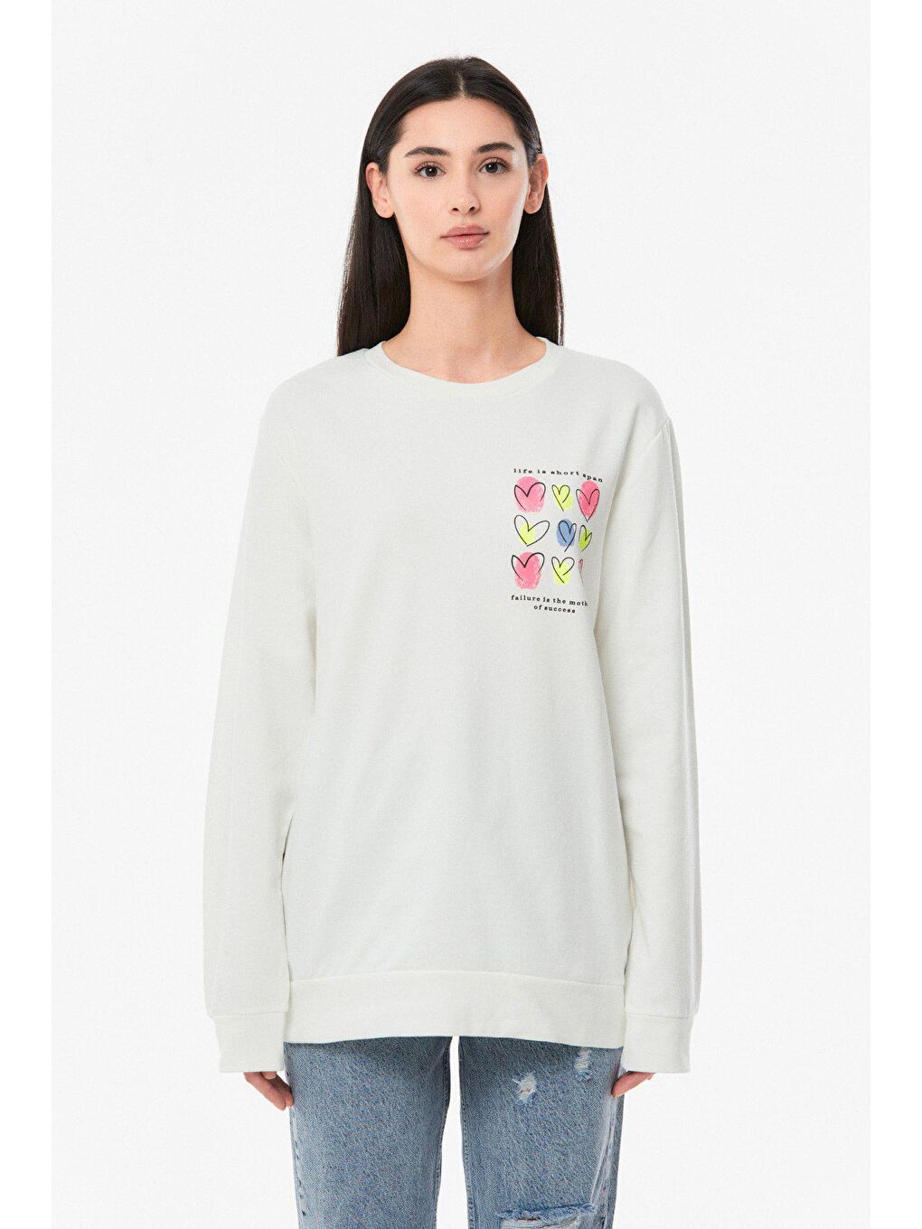 Ekru Kalp Baskılı Bisiklet Yaka Kız Çocuk Sweatshirt-4