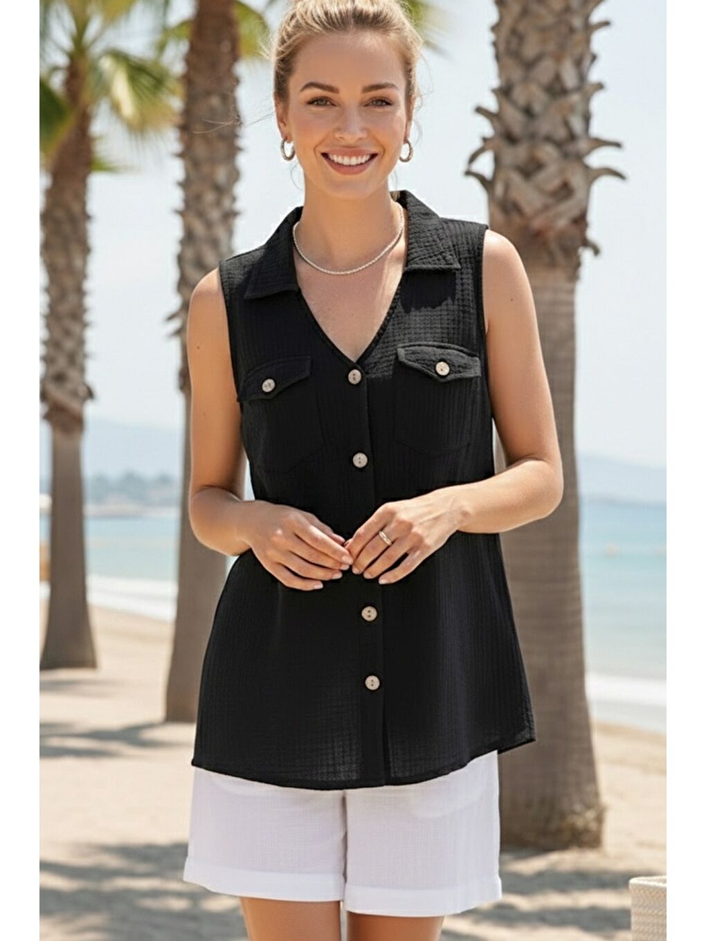 Siyah Gömlek Yaka Kolsuz Düğmeli Çift Kapaklı Cepli Yıkamalı Casual Müslin Dokuma Gömlek 62 55-4