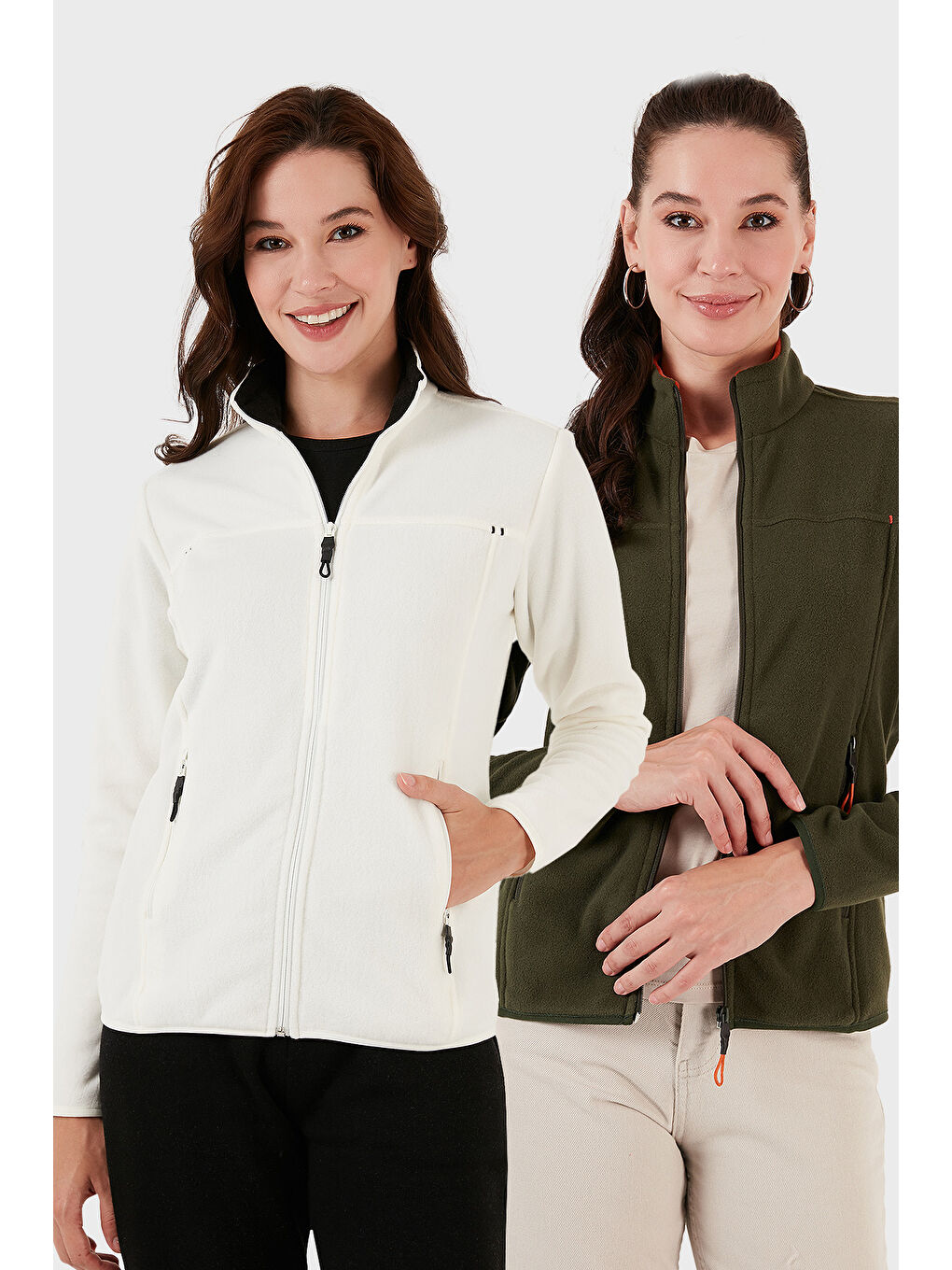 Haki Slim Fit Anti-Pilling Tüylenme Yapmayan Fermuarlı Cepli Hırka 2' li Paket Polar 5907002S2