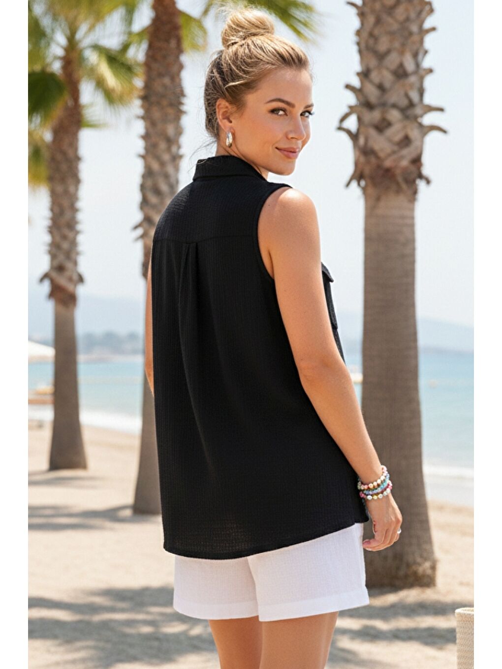 Siyah Gömlek Yaka Kolsuz Düğmeli Çift Kapaklı Cepli Yıkamalı Casual Müslin Dokuma Gömlek 62 55-5