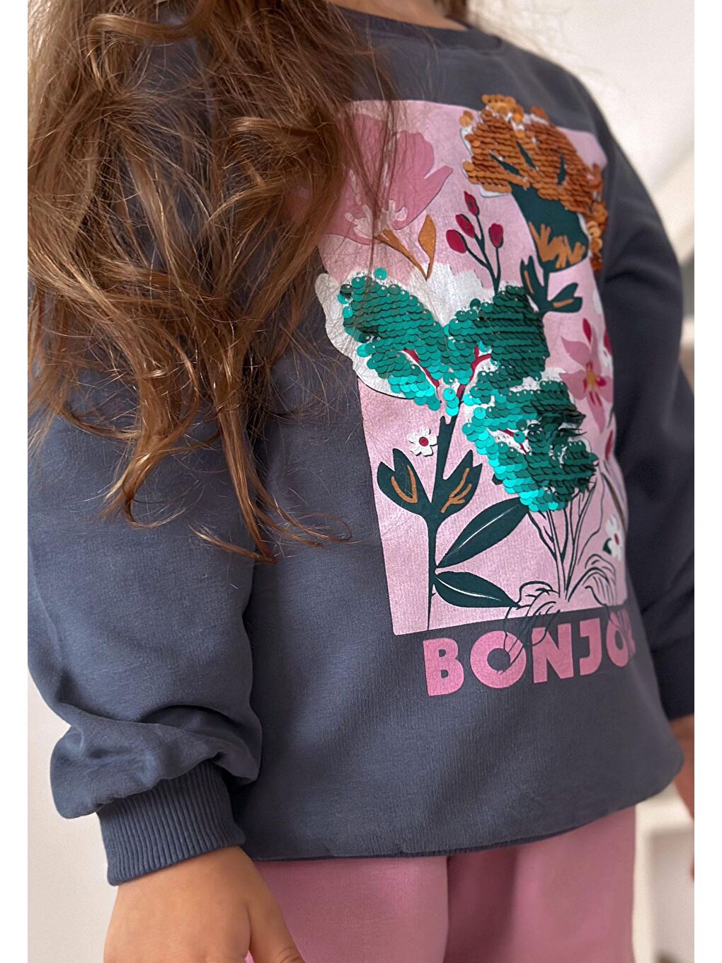 Çiçek Basdkılı Pullu Sweatshirt 1-10 Yaş Lacivert-1