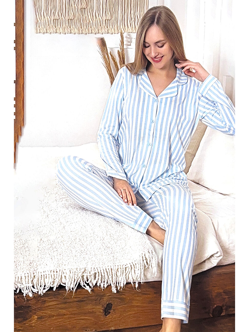 Kadın Çizgili Desen Suprem Pijama Takımı 0492 Mavi01-1